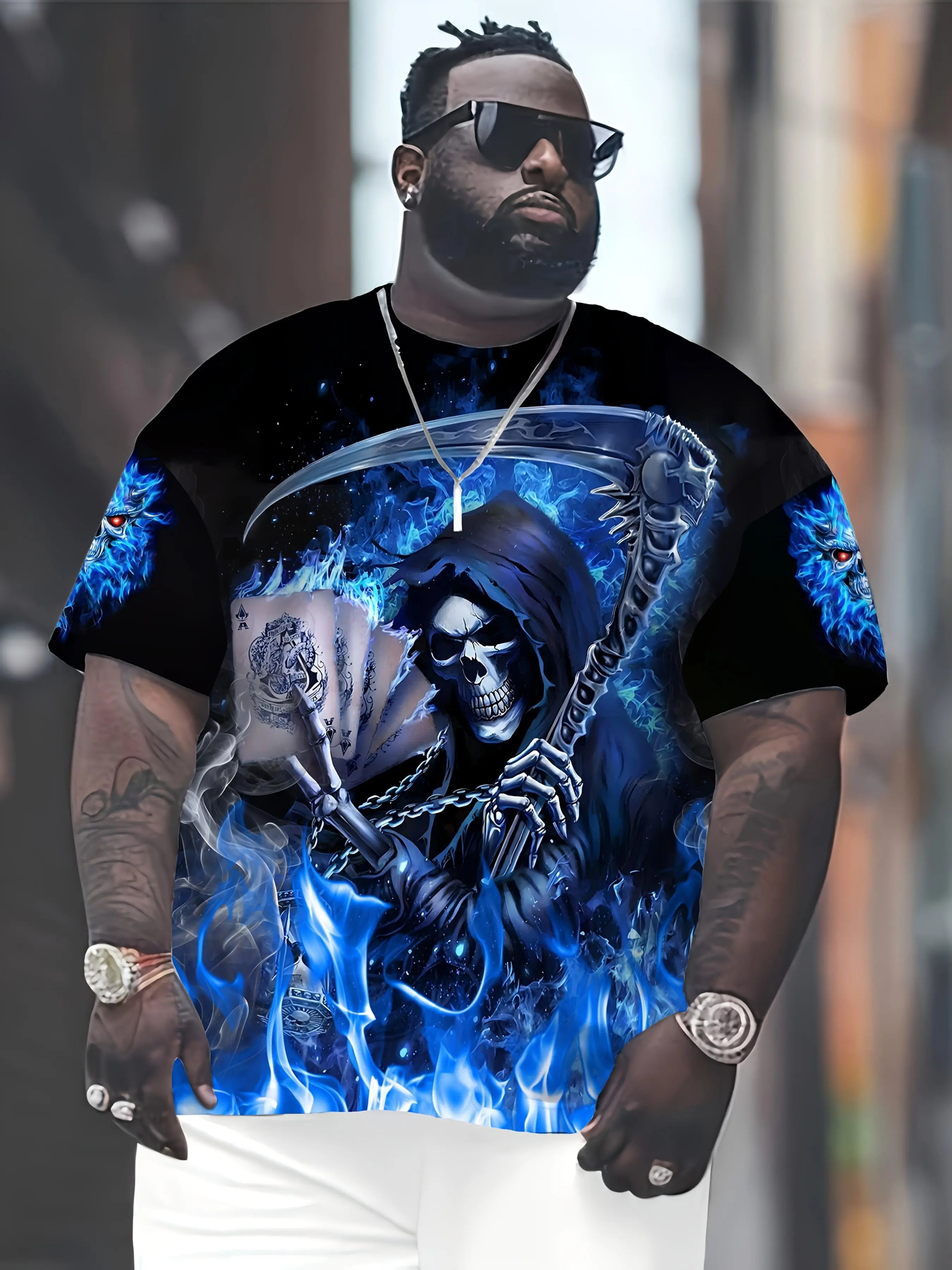 Men's Plus Size 3D Death  Flame Skull T-Shirt - Black Casual Crewneck with Geometric Print, Slightly Stretchy Knit Fabric, Summer Shirt for Adults and Teens, Casual Summer Wear| Skull Print T-Shirt| Stretch Knit Fabric, PLUS SIZE