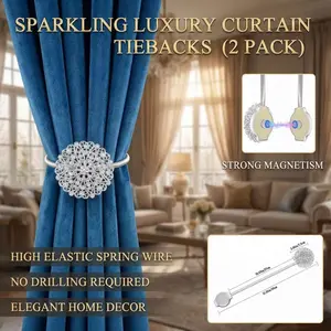 Magnetic Curtain Hooks Set (2 Pieces), Shiny Crystal Flower Curtains Hooks, High Elasticity Spring Line Curtain Clips, Home Office Decor