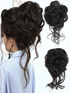 KAIRIYA 10 Inch Fluffy Curly Messy Bun 2-Pack - Wavy Synthetic Hairpiece - Elastic Band & Clip for Women, Perfect for Holiday Parties & Everyday Style