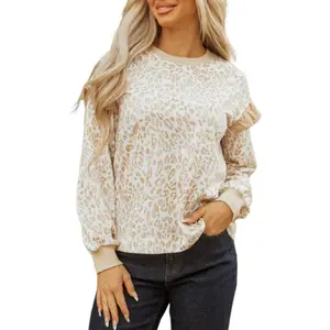 Asvivid Women's Leopard Print Ruffle Detail Ribbed Trim Round Neck Sweatshirt Casual Long Sleeve Pullover Tops Womenswear