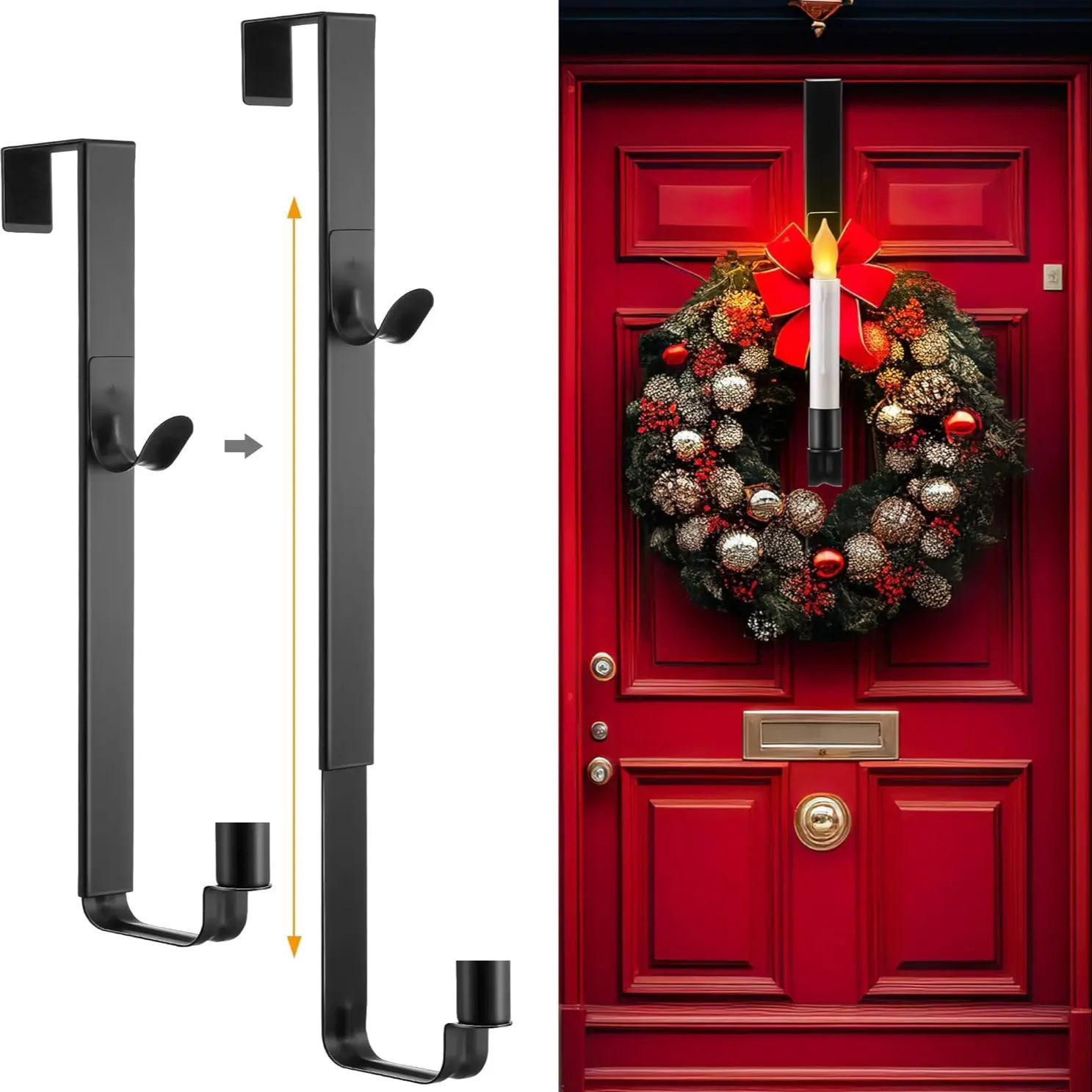Christmas Wreath Hanger for Front Door with Candle Holder, Adjustable Wreath Hanger from 12 to 15.7", Fits Doors up to 2" Thick