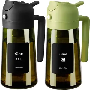2 count Olive Oil Dispenser and Oil Sprayer - 16oz/470ml Glass Light-Proof Oil Pourer for Kitchen, Air Fryer, Cooking, Salad, and BBQ