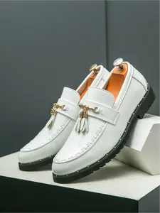 Unisex Premium Loafers: Bright Red Patent, Black Studded Platform, Metal Buckle. For Daily Trips/Year-Round Styling