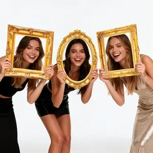Large Gold Vintage Picture Frame Set of 3 - Cardboard Photo Booth Props for Weddings & Parties,Big Selfie Frame with Oval and Square Shapes,Jumbo Photo Props and Decorative Frames