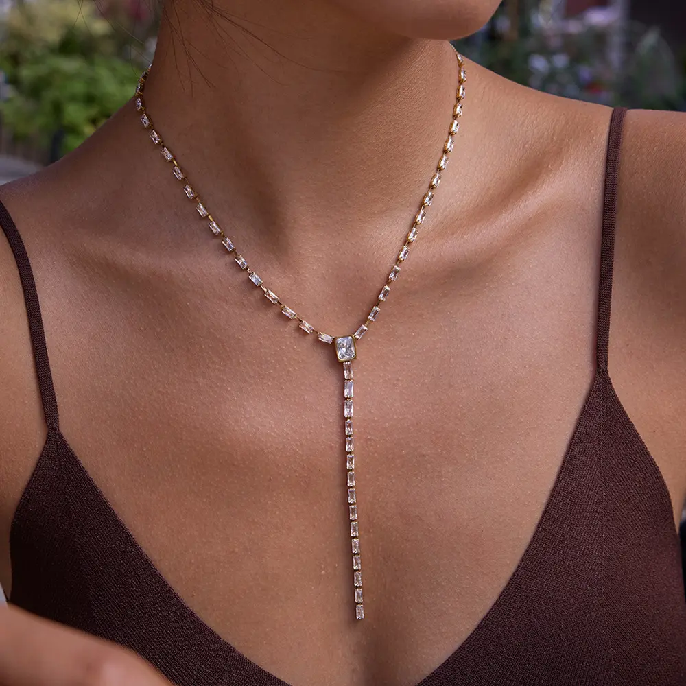 Female Casual Glittering Zircon Y-Shape Design Long Necklace, 316L Titanium Steel Adjustable Waterproof Daily Jewelry, Live Streaming