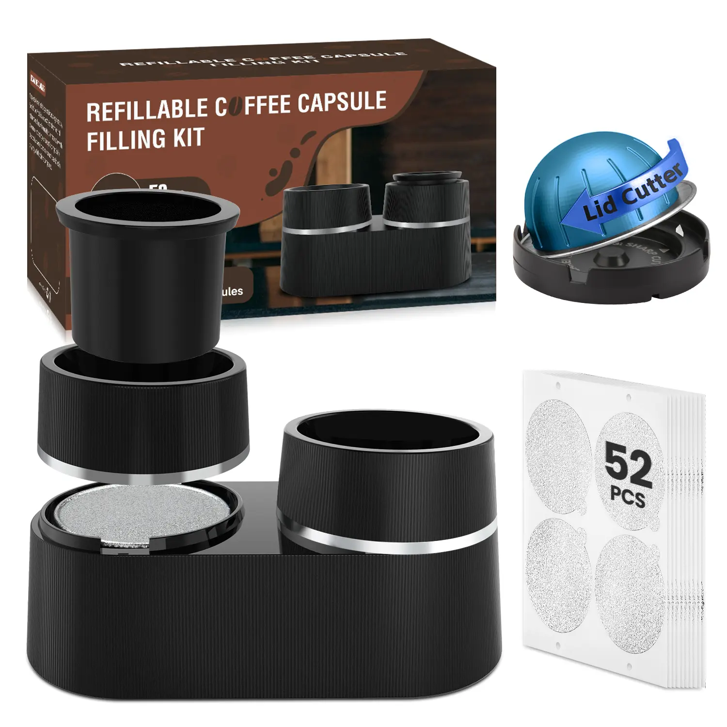 Reusable Double Pods Kit Compatible with Nespresso Vertuo Pods, Refillable Coffee Pods Espresso Accessories with 52 pcs Foil Seals Lids(No Pods Come) Circular Alignment Position Foil Cutter