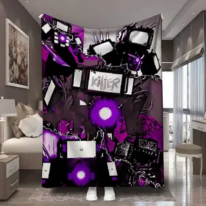 1Pc Purple Black Skibidi Toilet Technology Device Pattern Printed Flannel Blanket - Polyester 100% Soft sofas, chairs and sofa covers Large size living room, bedroom, picnic decoration multipurpose blanket Unique and perfect gift