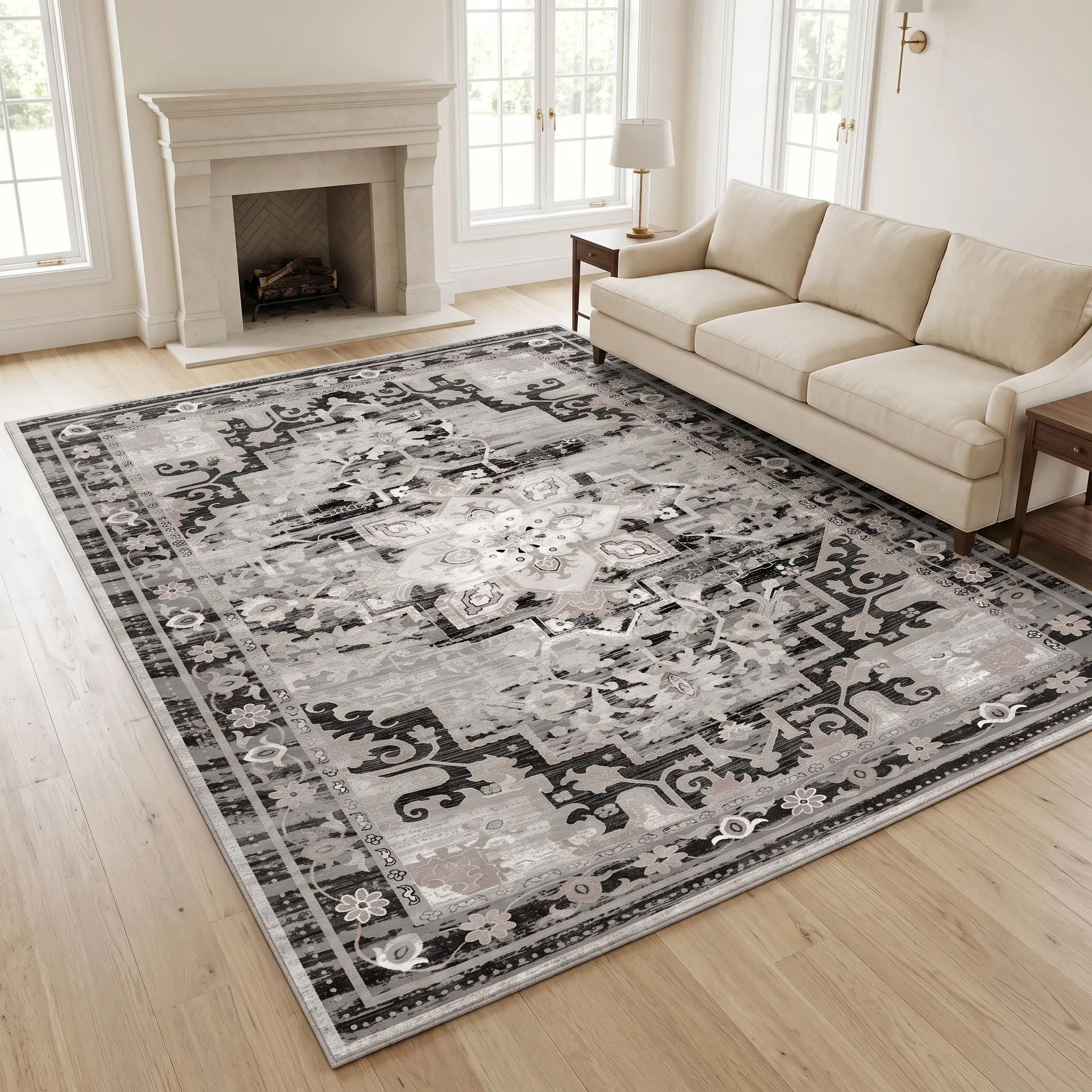 RUGIXE Faux Cashmere Washable Gray Black Vintage Area Rug 5x7 8x10, Heavyweight Soft Low Pile TPR Non Slip Rug, Foldable Durable Persian Oriental Carpet for Living Room Bedroom Office