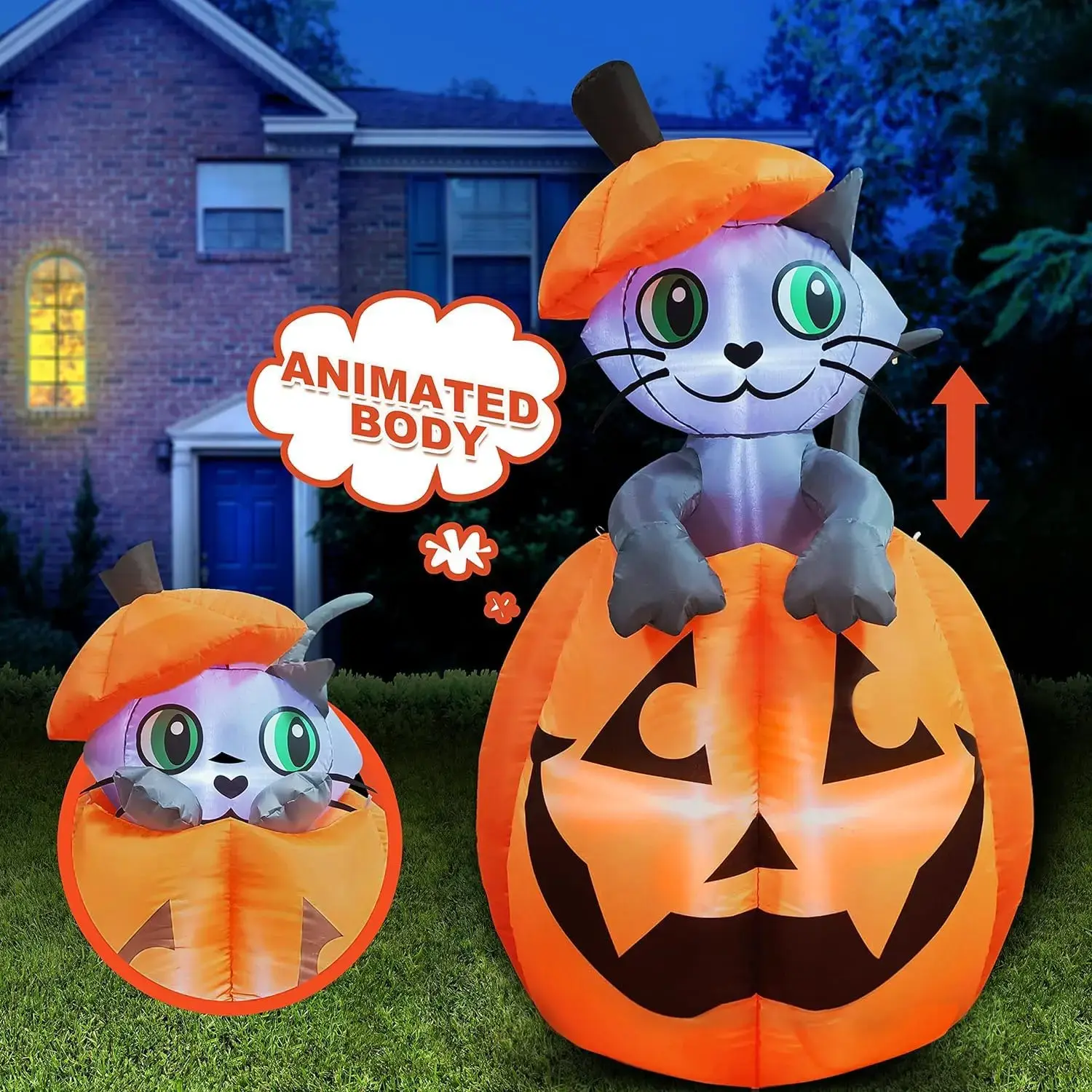 Halloween inflatable outdoor decorations, Halloween inflatable decorations for outdoor use, blower-powered pumpkin for use in garden decorations. Animated Halloween inflatable cat with LED lights lying on a pumpkin. Halloween decorations or ornaments.