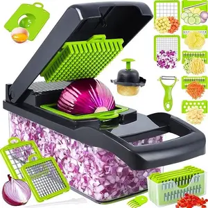 Vegetable Cutter Chopper And Slicer Blade Kitchen Tool with Interchangeable Blades Built-In Container Hand Guard & Bonus Peeler for Fruits Vegetables Grater Utensils Stainless Steel Blades BPA-Free Plastic Body