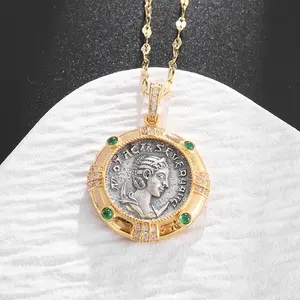 Vintage Ancient Fortune Goddess Coin Pendant Necklace for Women, Emerald Inlaid Elegant Retro Statement Jewelry, Dainty Goddess Style Fashion Necklace for Daily Wear Party Date Gift