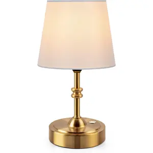Small Cordless Lamp Dimmable-Battery Operated Table lamp, 4000mAh Rechargeable, Touch Bedside Lamp with White Fabric Shade, 2700K Bulb Included, for Dining, Patio, Bathroom(Gold)