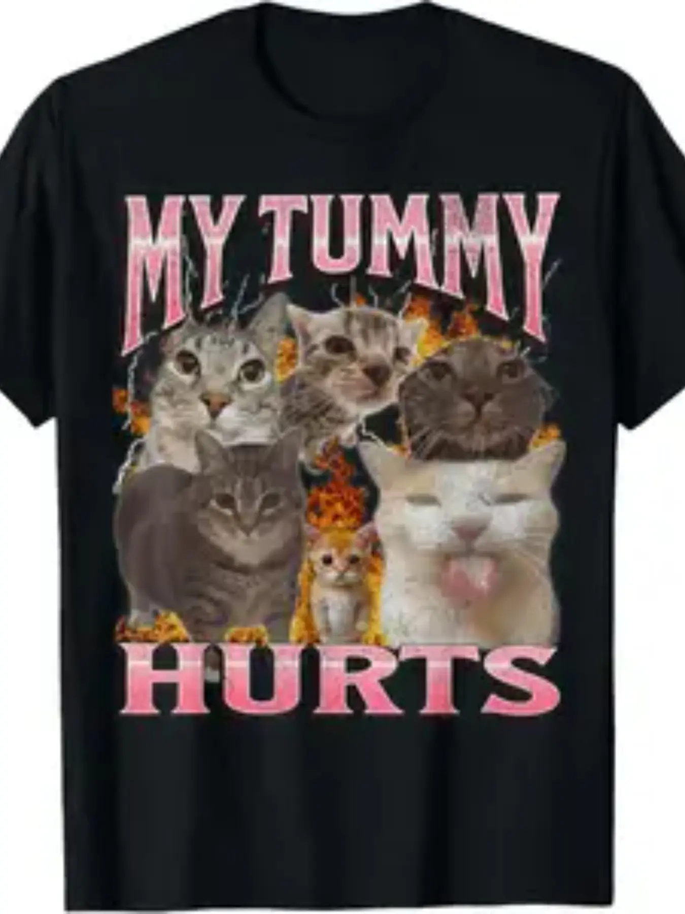 My Tummy Hurts Funny Cat Print Short Sleeve T-Shirt Top, American Vintage Style, Casual Everyday Wear, Perfect for Daily Commute