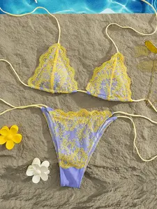 2026 new women’s lace tie mini bikini two-piece set—fashionable, sexy color-block design; two-piece swimsuit set for holidays, casual beachwear, pool parties, and hot springs wear.