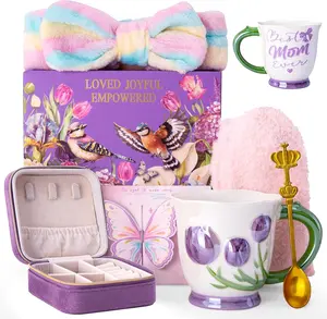 Birthday Mothers Day Gifts for Mom from Daughter Son, 7pcs Tulip Mom Gifts Set, Ideas Basket Presents for Mother Birthday - 18Oz Pearlescent Ceramic Mug Jewelry Case Hairband Socks Card Gift Boxed