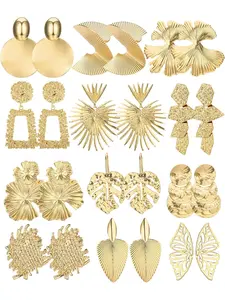 12 Pairs Gold Geometric Earrings Exaggerated Eye-catching Statement Earrings for Women Large Boho Style Jewelry Dangle Earrings Geometric Twisted Sectorized Leaf Fashion Earrings, Metal, Dangle Earrings Set, Fashionable Earrings