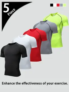5-piece men's sports short-sleeved shirt set, solid color with stripes, American style, crew neck, high elasticity, thin, breathable and quick-drying for summer, men's casual sports top. oversized baggy compression clothes