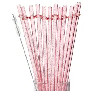 24Pcs Reusable Plastic Straws - Colorful Pink Long Hard Cup Drinking Straws with Flashing Decorations, Compatible with Stanley 30 oz Cup Tumbler