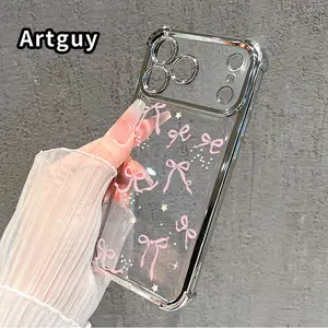 Gift Ribbon Star Pattern Four Corner Anti-Fall Phone Case Transparent Electroplated Protective Cover for iPhone 17 Pro Max 16 Air 15 Plus 14 13 12 11 E