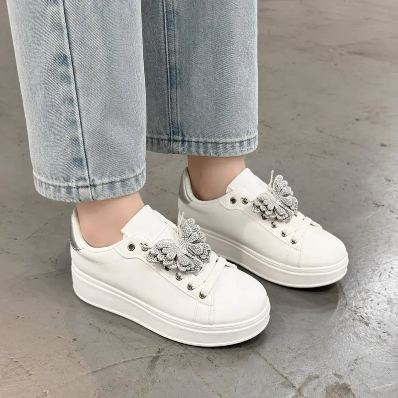 Women's Chunky Platform Rhinestone Butterfly Closed Casual Trainers - Fashion Footwear, Sports Shoes, Everyday Wear Shoe