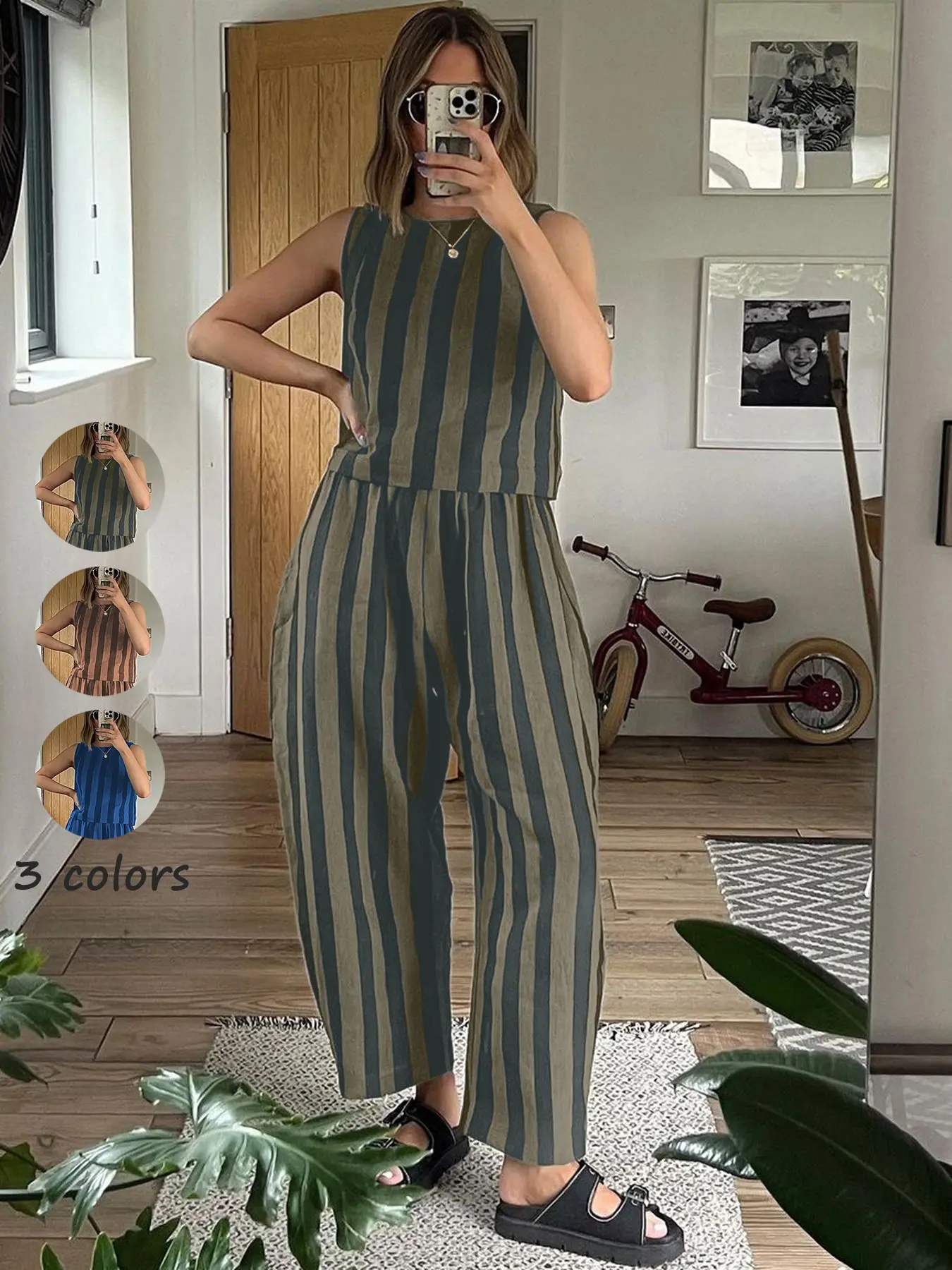 Women's Summer New Cotton Striped Matching Outfit Set Suits, Sleeveless Crop Top & Wide Leg Pants, Casual Style Set Loose Fit, Beach Travel Vacation Wear, Womenswear