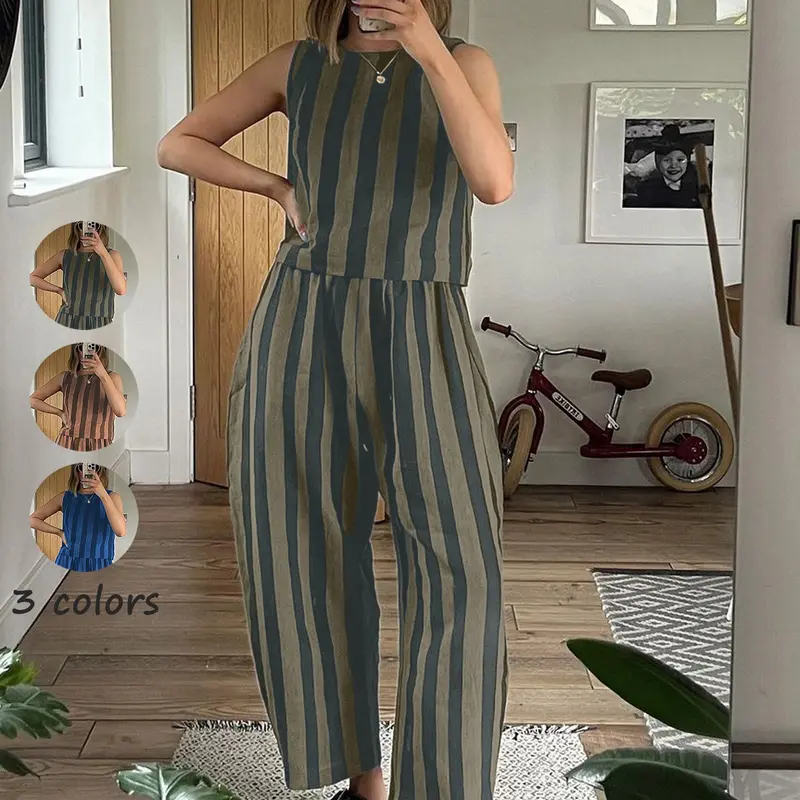 Women's Summer New Striped Matching Outfit Set Suits, Sleeveless Crop Top & Wide Leg Pants, Casual Style Set Loose Fit, Beach Travel Vacation Wear, Womenswear