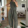 Women's Summer New Striped Matching Outfit Set Suits, Sleeveless Crop Top & Wide Leg Pants, Casual Style Set Loose Fit, Beach Travel Vacation Wear, Womenswear