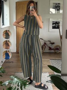 Women's Summer New Cotton Striped Set, Sleeveless Crop Top & Wide Leg Pants, Casual Loose Fit, Beach Travel Vacation Wear