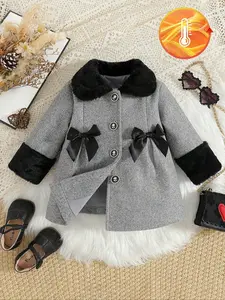 Baby girl autumn and winter plush doll collar long sleeved three-dimensional bow tie long woolen coat, Baby Clothes Girl, baby girl coat clothing, casual, elegant and comfortable style, suitable for banquets and parties