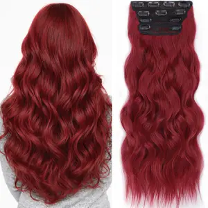 Wine Red Wavy Clip in Hair Extensions - 20 Inch Long Wavy Clip in Hair Extensions for Women 4 PCS Soft Synthetic Natural Looking Wine Red Hairpieces Easy Wear Daily Party instant length