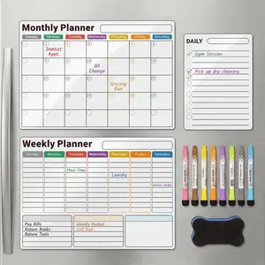 AUVIREC Magnetic Calendar for Refrigerator (3-Pack, Ships Flat) - 17"x12" Monthly, Weekly & Daily Planner with Lined Grids - Nano-Tech Dry Erase Board Fridge Whiteboard, 8 Markers & Eraser