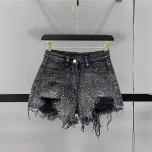 Women's   New  Diamond Denim Shorts with Broken Holes and Wide Legs  Pants Jean Shorts(Sheets)