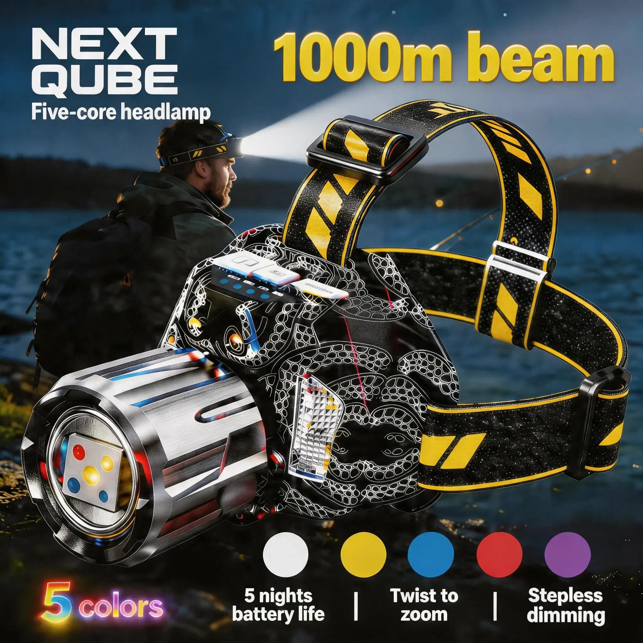Motion Sensor 5-color Rechargeable Smart Multi-Spectrum Headlamp with Adjustable Detachable Headband, Long-Range Brightness, 5 Switchable Colors (White,Yellow,Blue,Red,UV) - Outdoor for Night Camping,Hiking, fishing, hunting, High Lumen Flashlight