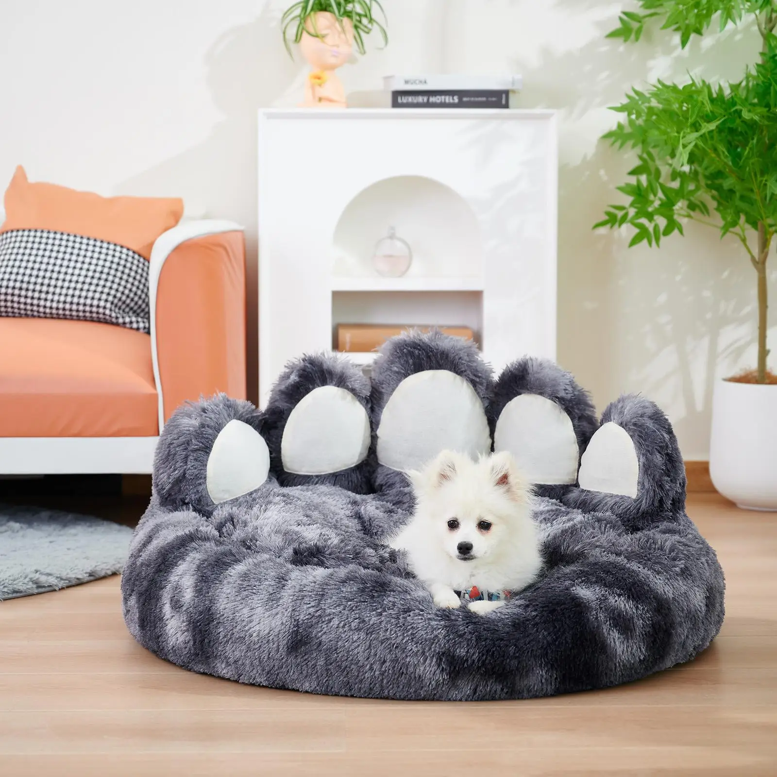Cat Plush Bear Paw Kennel, Warm Soft Calming Dog Bed, Deep Sleep Pet Nest for Indoors (It is Recommended to Take One Size Larger)