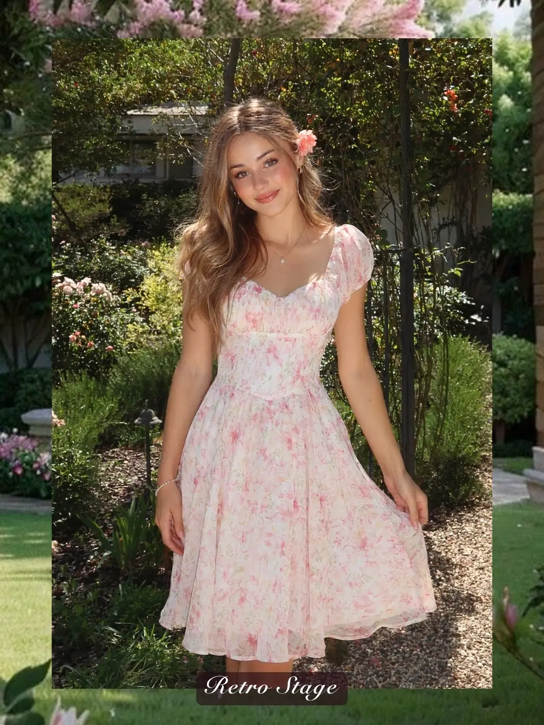 Pink 1950s Floral Sweetheart Neck Bow Dress sundress womensummer dresses vacation outfits Womenswear Fitted