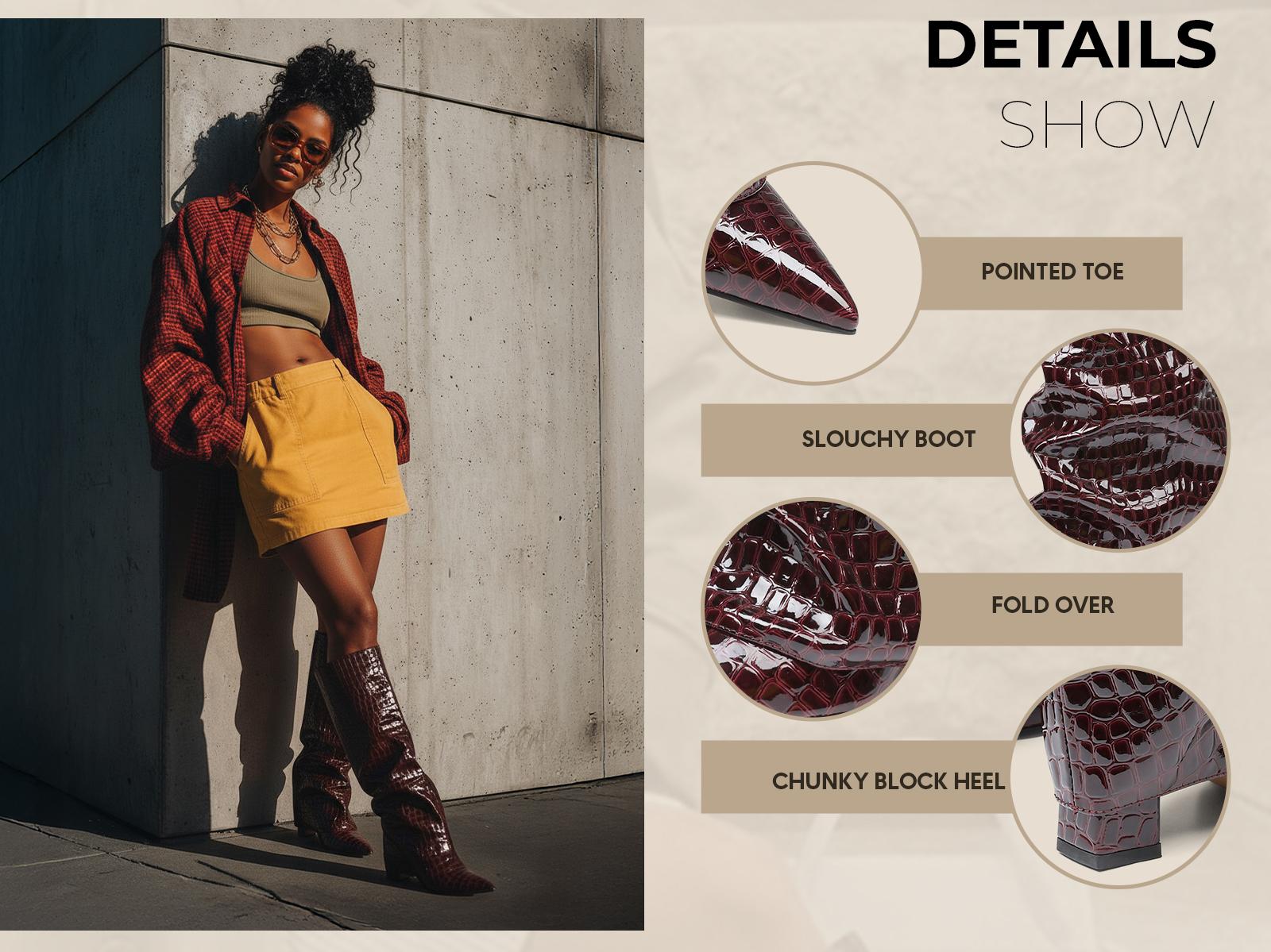 CYNLLIO Knee High Boots for Women Elegant Pointed Toe Chunky Block Heel Fold Over Slouchy Boot Pull On Trendy Fashionable Tall Shark Boot Spring Shoes for Women