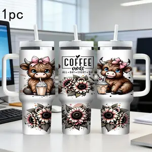 40oz  large capacity stainless steel travel water bottle - Cute Highland cow pattern (with butterfly and sunflower prints), with insulation function, can hold hot or cold drinks, very suitable as Christmas gifts, Valentine's Day gifts, graduation gifts