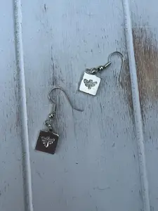 Dragonfly Firefly Tiny Dainty Dangle Earrings Square Stamped Etched Metal Gold Silver Handmade