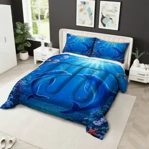 Ocean Dolphin Quilt Set (1 Quilt + 2 Pillowcases), Soft Breathable, Digital Print, Includes 200gsm Filling, Ideal for Bedroom Dorm Home Use