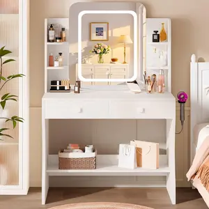 Compact Makeup Vanity Desk with Smart LED Mirror, Power Outlet, Hairdryer Rack, 5 Storage Shelves, 2 Drawers – Space-Saving Indoor Furniture for Small Spaces