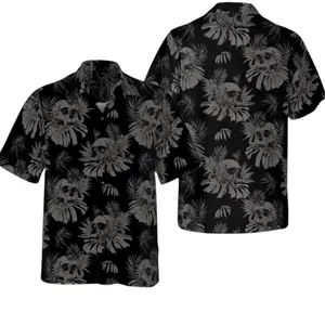 Gothic Skull Butterfly Hawaiian Shirt, Skeleton Print Aloha Button Up, Spooky Summer Vacation Outfit, Horror Halloween Gift for Men Women Tropical Casual
