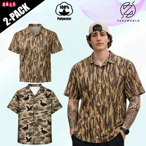 [Pack - 2] Men Camo Hawaiian Shirt Duck Hunting Button Up Cuba Collar Camo Print Short Sleeve Casual Regular Fit Summer Beach Vacation Aloha Shirt Outdoor Hunting Fishing Camping Tactical Streetwear Gift for Him Her Matching Group Outfit