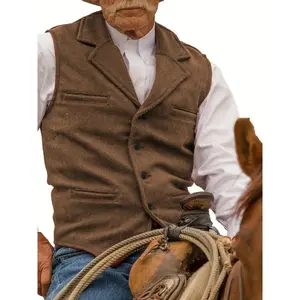 Men's Wool Blend Vest - Vintage Western Cowboy Style, Herringbone Pattern, Single-Breasted, Pockets, Multi-Size XS-XXXL, Ideal for Weddings, Formal Events & Outdoor Activities Menswear Sleeve Brown Suits Acrylic Collar Polyester Stretch