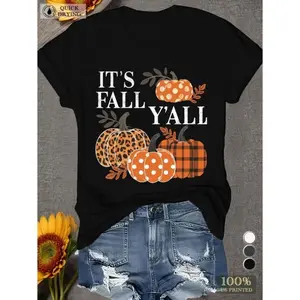 Women's Cotton Oversized Round Neck Shortsleeve Tshirt - Baggy Basic, Loose Casual Comfortable, Fall Pumpkin Graphic Clothes