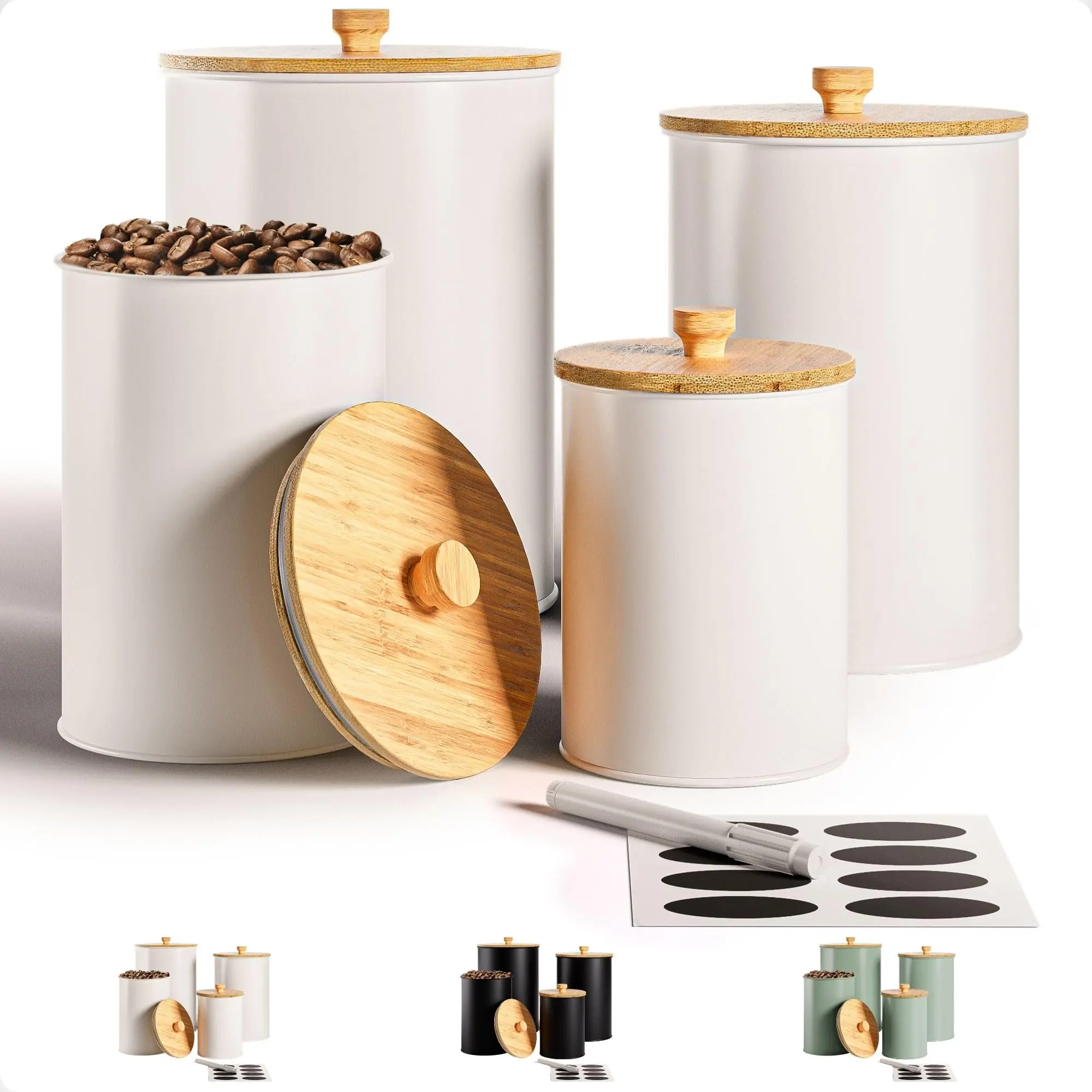 Kitchen Canisters For Countertop Set Of 4 With Customizable Chalkboard Labels & Marker Pen - Big Iron Airtight Lids White Canister Flour And Sugar Containers Farmhouse