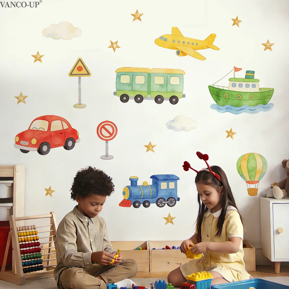 2Pcs Set(30*60cm) Cute Cartoon Transportation Wall Stickers, Watercolor Vehicle Decals for Kids Room Wall Decor, Decorative Wall Sticker, Wall Decorations
