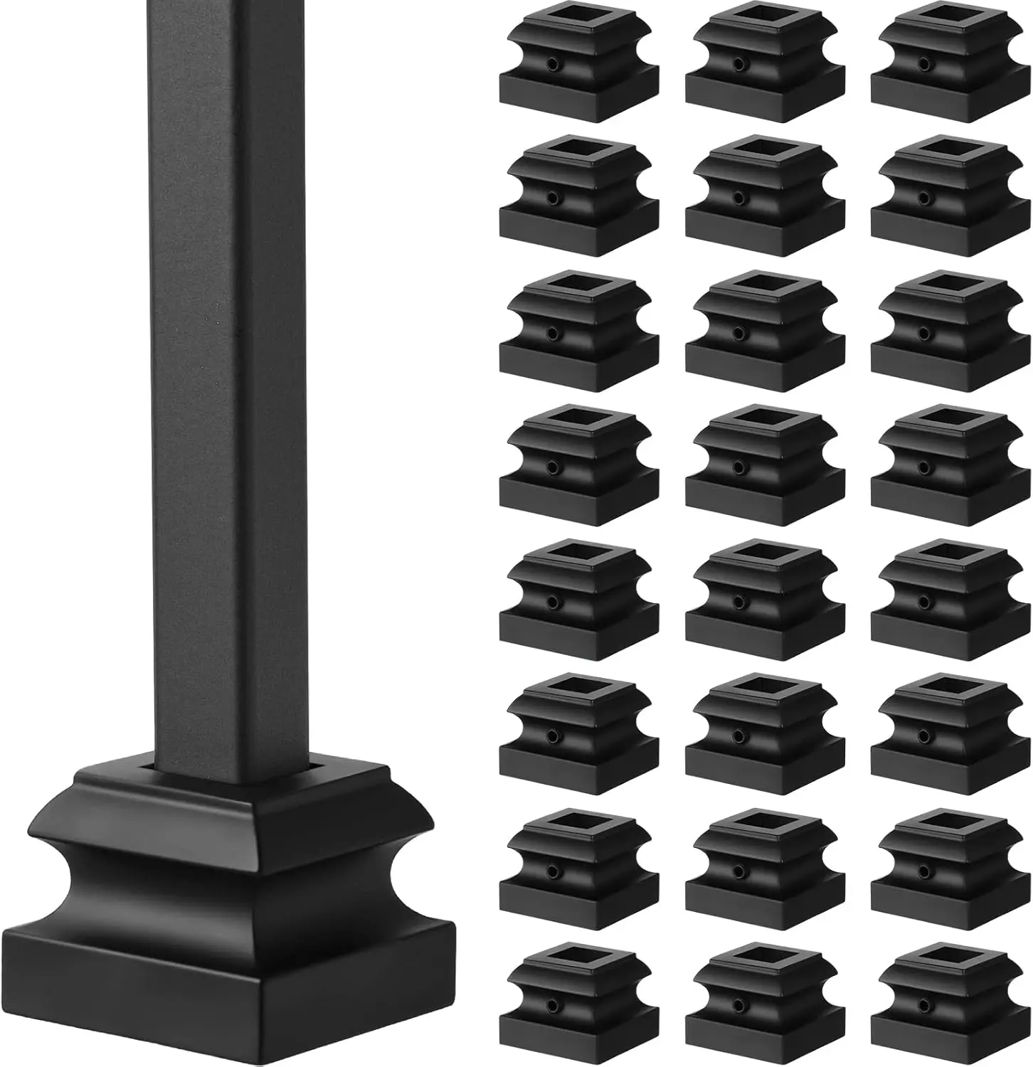 24 Pcs Iron Baluster Shoes Stair Flat Shoe with Screw for 1/2 Inch Square Scroll Basket Twist Knuckle Staircase Balusters Metal Spindle Railing, Satin Black