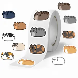 Cute Cat Pattern Sticker (500pcs/roll), Cartoon Animal Decorative Sticker, DIY Decals for Water Bottle, Laptop, Phone Case, Scrapbooking, Journal Making, Adhesive Stickers