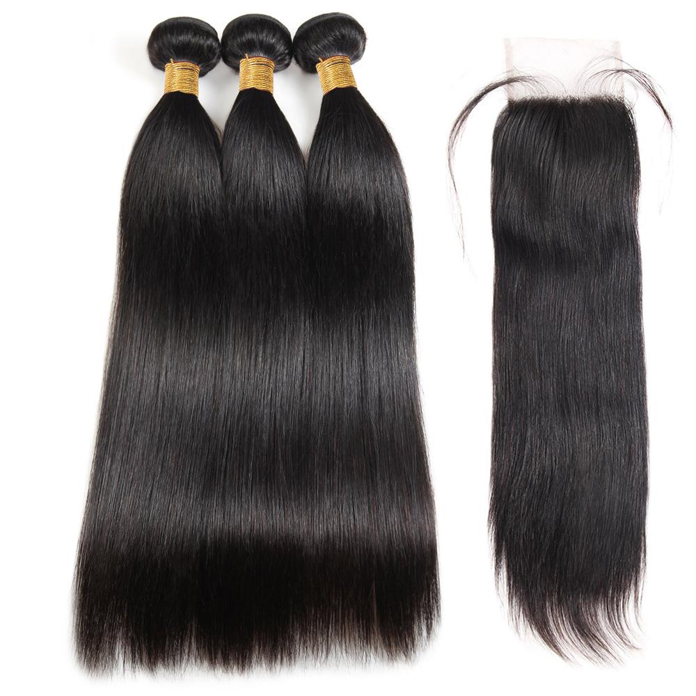 Brazilian Straight Bundles with Closure Human Hair Bundles with Lace Closure Straight Human Hair 3 Bundles with 4x4 Closure SpringStatements