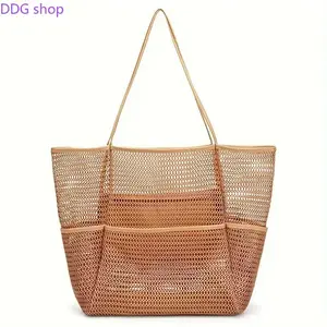 Large Mesh Beach Tote Bag with Multi-Pockets Lightweight Breathable Open-Weave Shoulder Bag with Zipper Pocket for Summer, Pool, Vacation, Swim & Gym Trips